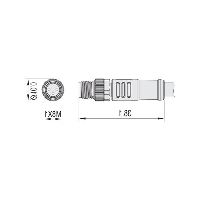 M8 3Pin, straight male head, high temperature resistance 120℃, single-end precast PUR flexible cable, black sheath, 63H021-XXX